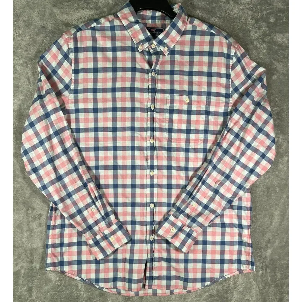 Vineyard Vines Shirt Mens Large Pink Blue Plaid Check Slim Longshore Preppy